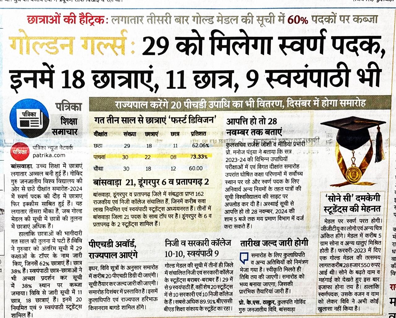गोल्डन गर्ल्स : 29 को मिलेगा स्वर्ण पदक, इसमें 18 छात्राएं, 11 छात्र, 9 स्वयंपाठी भी