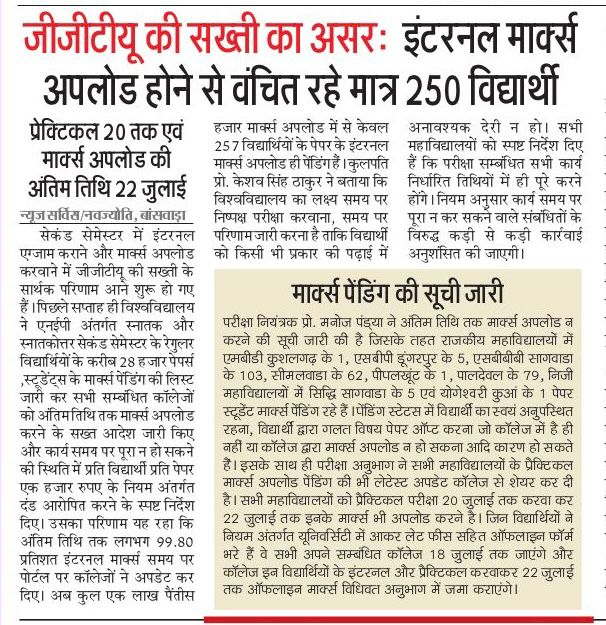 जीजीटीयू की सखती का असर इंटरनल मार्क्स अपलोड होने से वंचित रहे मात्र 250 विद्यार्थी
